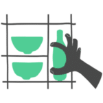 Schematic illustration of a kitchen cupboard, containing two bowls and a bottle. A hand reaches for the bottle.