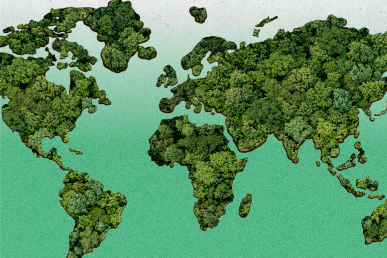 world map made by trees, in a green background